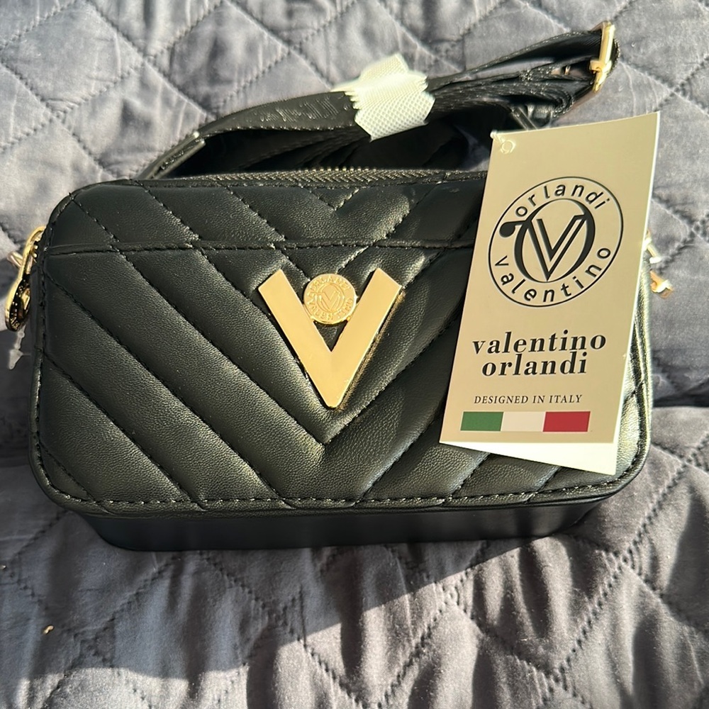 Valentino Orlandi Black Quilted Crossbody Bag with Gold Hardware